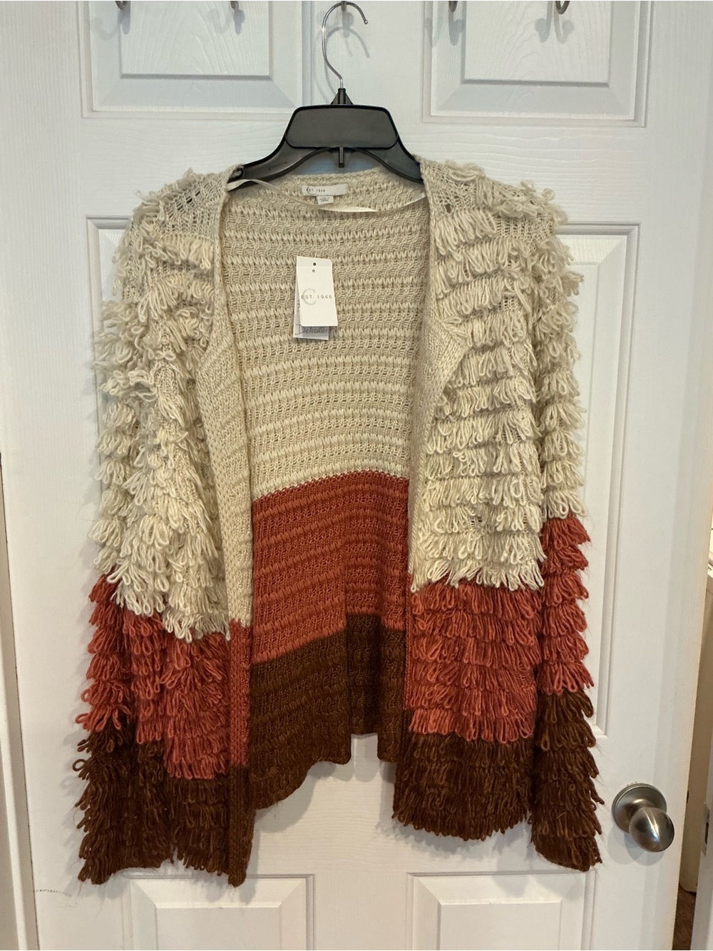 Cato Cream, Rust & Brown Loop-Knit Open Cardigan
